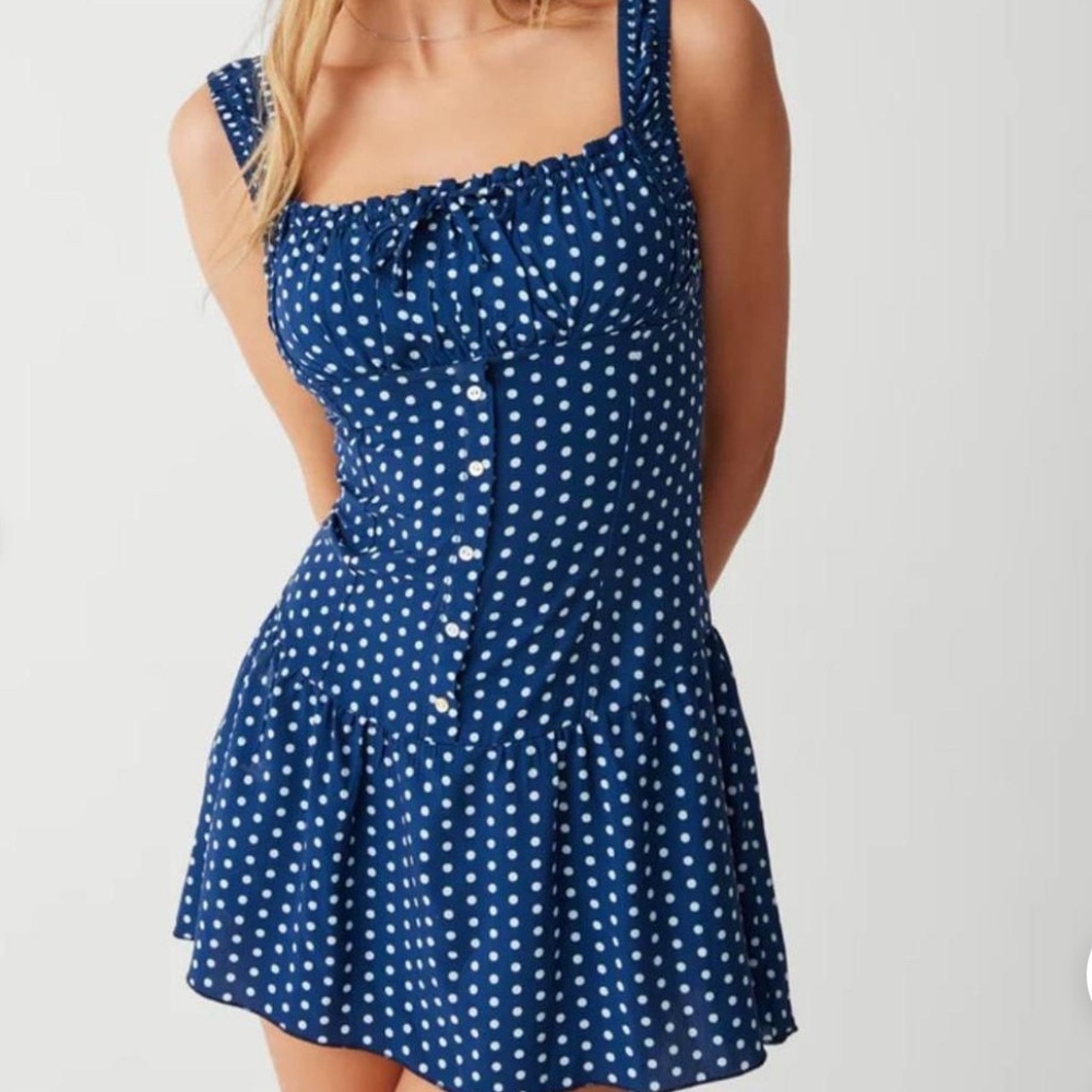 Frankie's Bikinis Christa Ruffle Mini Dress Blue and White Polka Dots